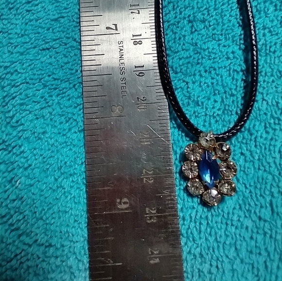 Blue clear crystal goldtone black cord necklace - Picture 2 of 5